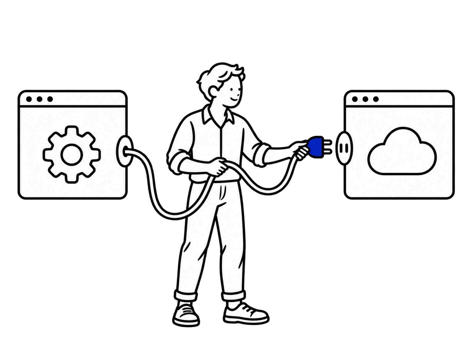 A person connecting two app windows with a cable