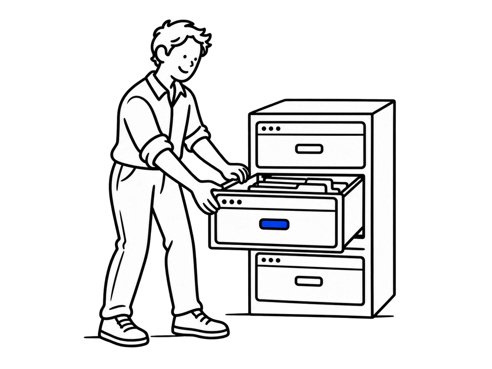 A person opening a filing cabinet drawer shaped like a browser window