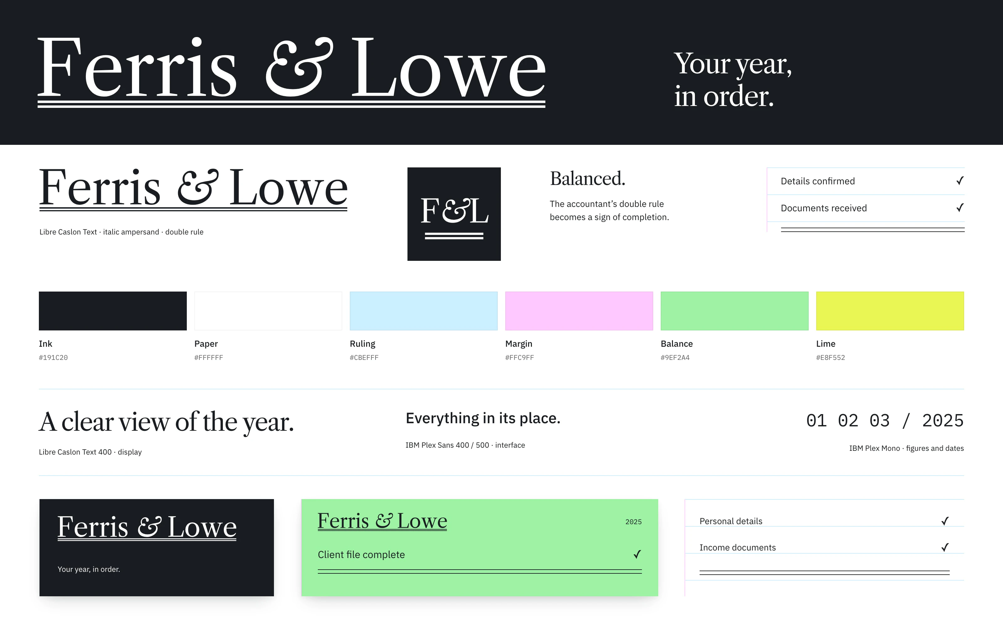Color, type and logo for Ferris & Lowe